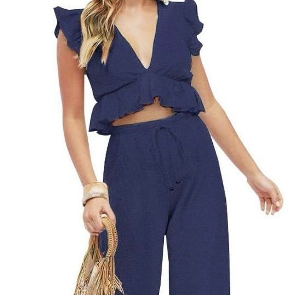 Fancyinn Women’s Cropped Blue Ruffled Blouse Short Sleeve V Neck, XL